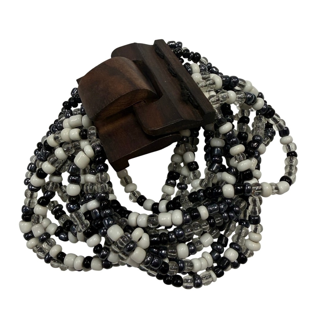Vintage Multi Strand Seed Bead Bracelet Wood Toggle Clasp Black White Boho